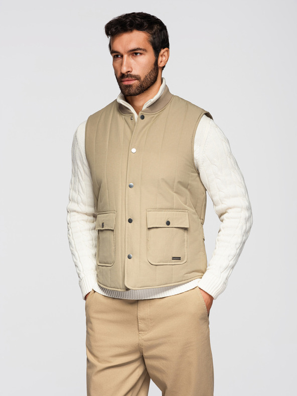 Ombre Clothing Мъжка светла елек без ръкави със вертикално прошиване - бежов V2 OM-JAVJ-0323 Ombre Clothing