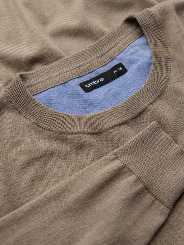 Ombre Clothing BASIC мъжки класически вискозен пуловер с кръгло деколте - тъмно бежов V15 OM-SWBS-0106 Ombre Clothing