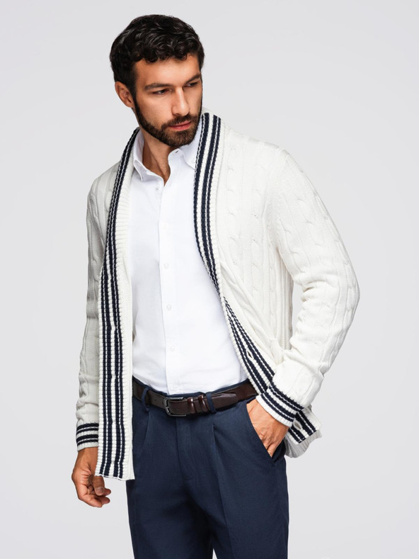 Ombre Clothing Мъжки пуловер със шалов яка в препи стил - бял V1 OM-SWCD-0152 Ombre Clothing