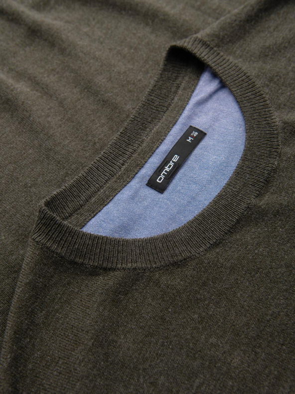 Ombre Clothing Мъжки вискозен пуловер BASIC classic с кръгло деколте - маслинов меланж V17 OM-SWBS-0106 Ombre Clothing