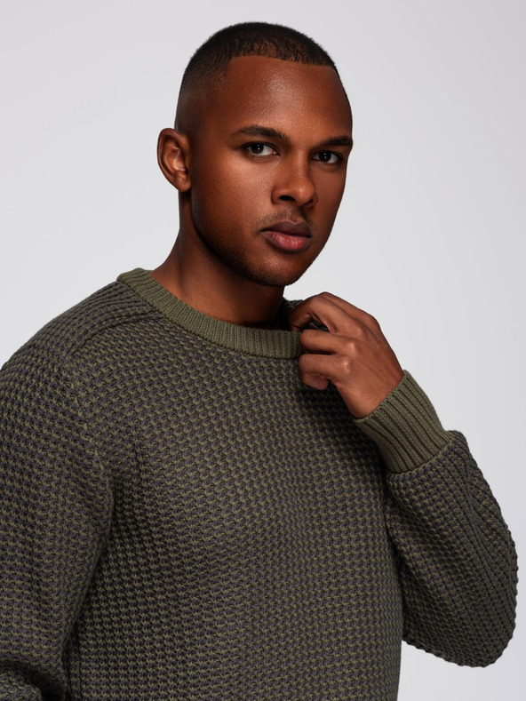 Ombre Clothing Мъжки пуловер с контрастна плетка и кръгло деколте - тъмно оливково зелен V2 OM-SWSW-0122 Ombre Clothing
