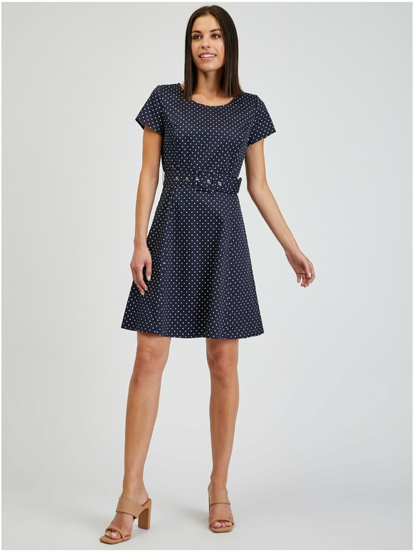Orsay Тъмносиня дамска рокля на точки с колан ORSAY