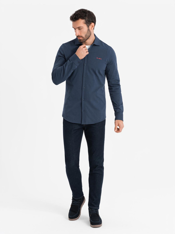 Ombre Clothing Синя мъжка риза от жарсе Ombre Clothing