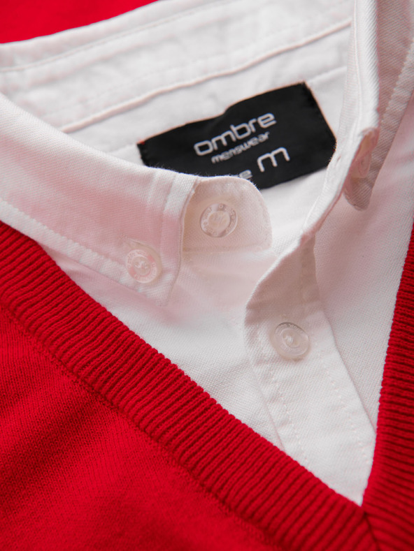 Ombre Clothing Червен мъжки пуловер с яка на риза Ombre Облекло