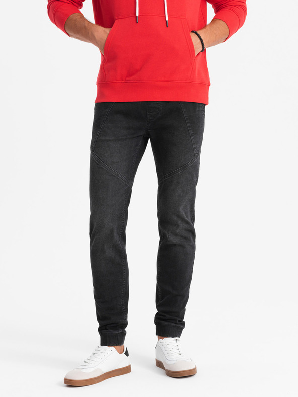 Ombre Clothing Мъжки дънкови спортни панталони с асиметричен шев черни Ombre Clothing