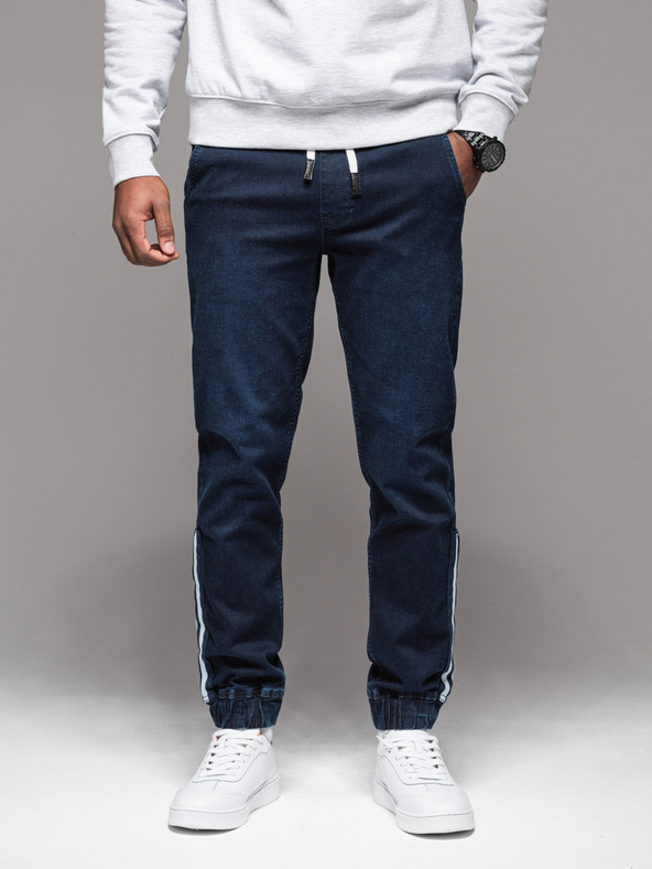 Ombre Clothing Мъжки дънкови спортни панталони с кант - тъмно сини V4 OM-PADJ-0156 Ombre Clothing