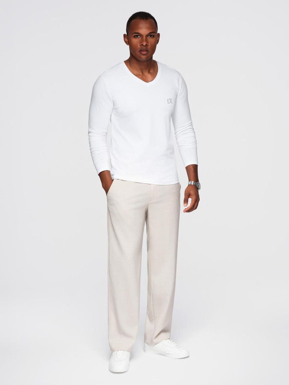 Ombre Clothing Мъжка тениска SLIM FIT с дълъг ръкав и V-образно деколте с еластан и щампа в бяло Ombre Clothing