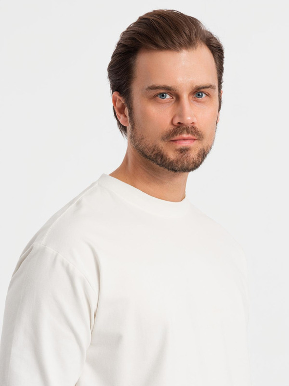 Ombre Clothing Мъжка памучна тениска LOOSE FIT с дълъг ръкав и кръгло деколте - кремава V2 OM-LSBC-0129 Ombre Clothing