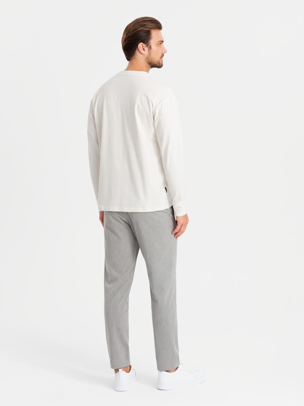 Ombre Clothing Мъжка памучна тениска LOOSE FIT с дълъг ръкав и кръгло деколте - кремава V2 OM-LSBC-0129 Ombre Clothing