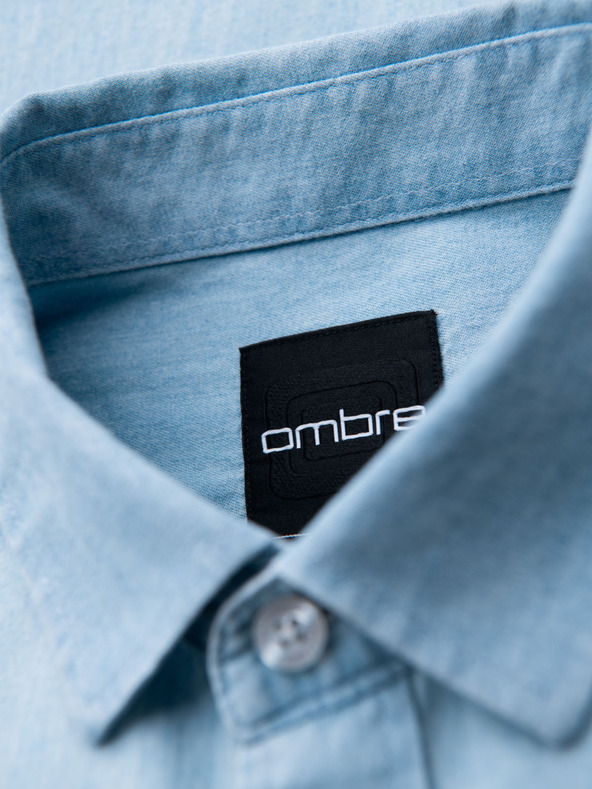 Ombre Clothing Мъжка риза от деним с бродерия и джоб - светлосиньо Ombre Clothing