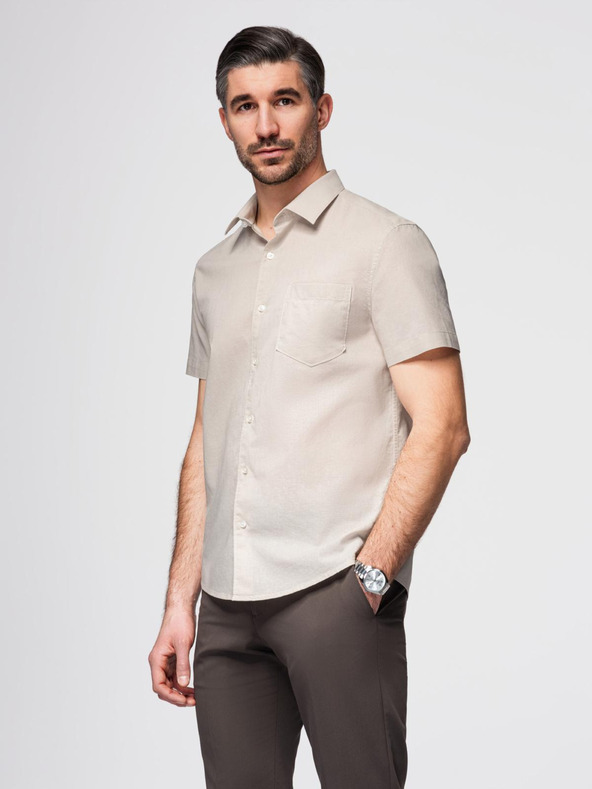 Ombre Clothing Мъжка риза с къс ръкав и кубинска яка Бежово Ombre Clothing