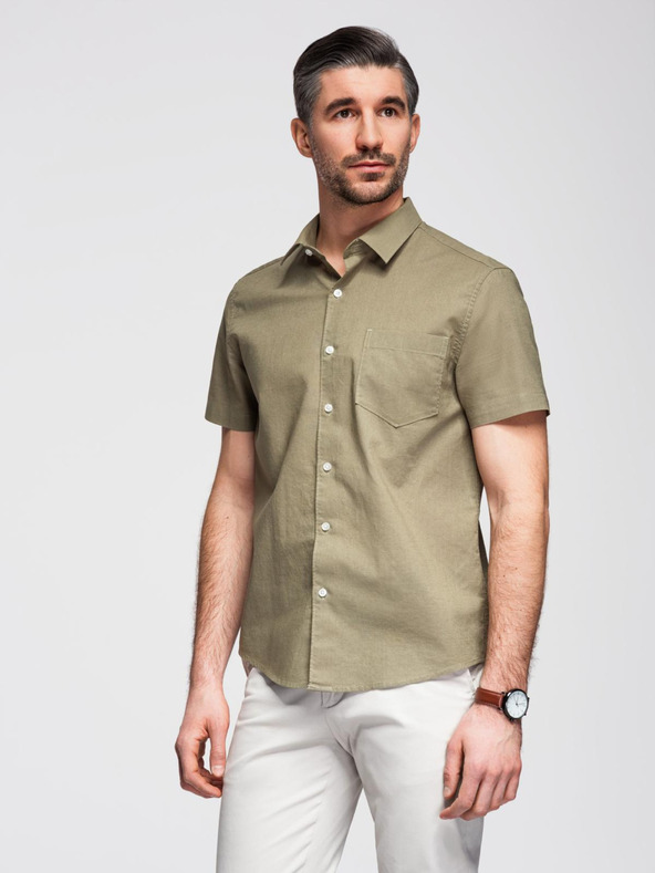 Ombre Clothing Мъжка риза с къс ръкав и кубинска яка каки Ombre Clothing