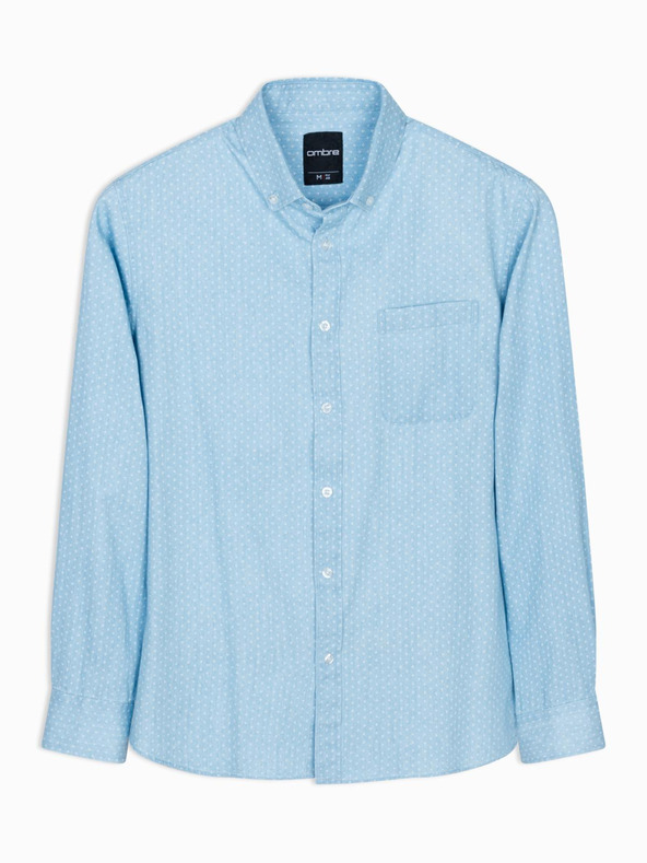 Ombre Clothing Мъжка риза от фин деним с шарки и джобове - светлосиня Ombre Clothing