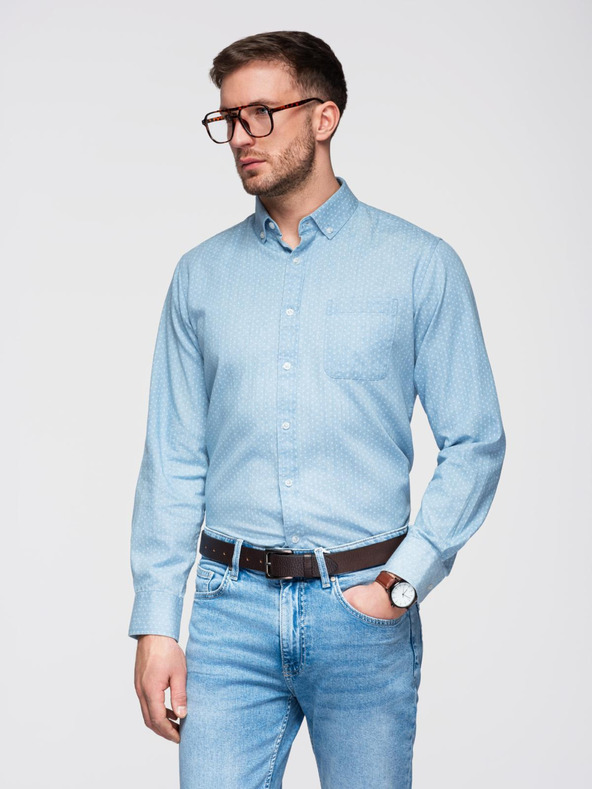 Ombre Clothing Мъжка риза от фин деним с шарки и джобове - светлосиня Ombre Clothing