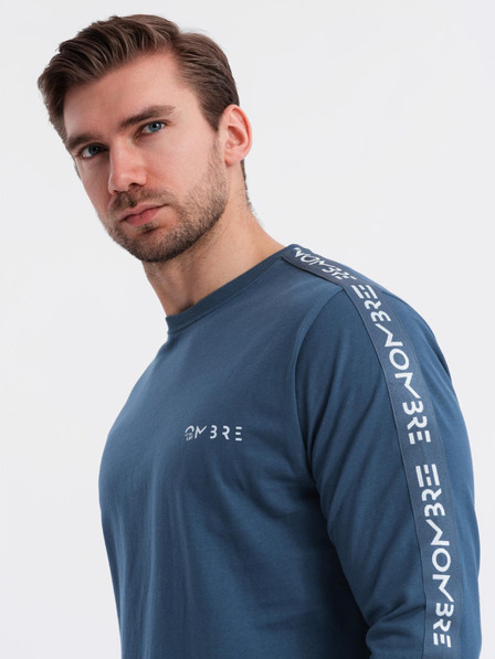 Ombre Clothing Мъжка памучна тениска с дълъг ръкав, с кант и принт на гърдите Ombre Clothing