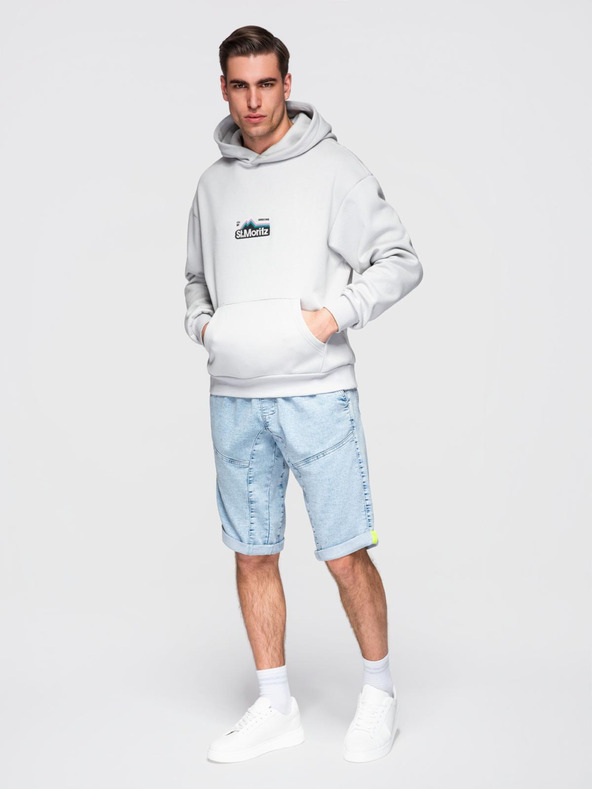 Ombre Clothing Мъжки къси дънкови панталони с декоративно прошиване - светлосини