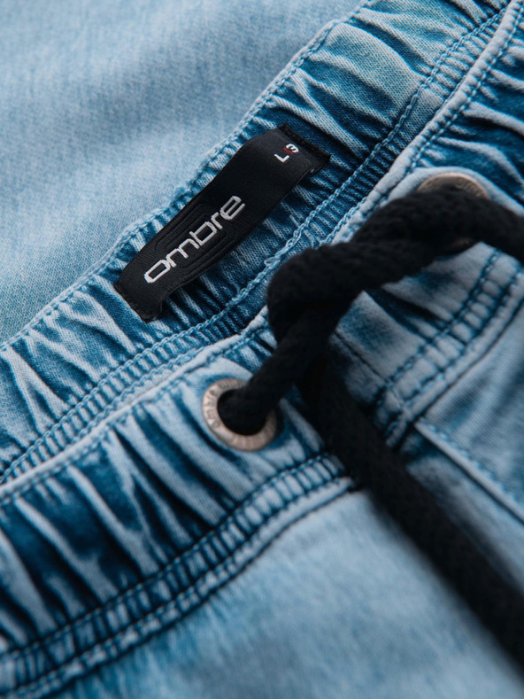 Ombre Clothing Мъжки къси дънкови панталони с декоративно прошиване - светлосини