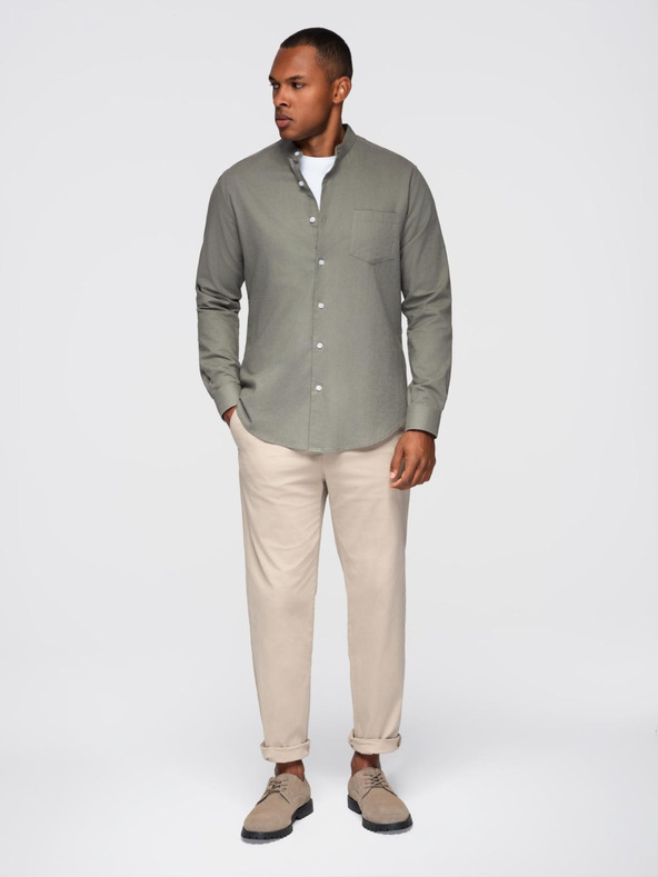Ombre Clothing Мъжка памучна риза с права яка и джоб REGULAR FIT - каки