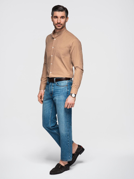 Ombre Clothing Мъжка памучна риза с права яка и джоб REGULAR FIT - светло кафяво