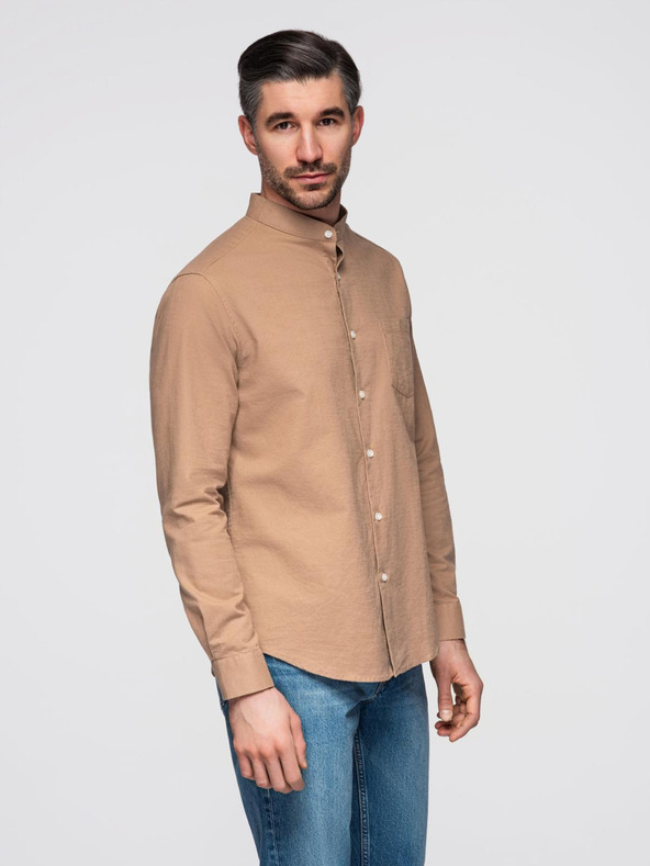Ombre Clothing Мъжка памучна риза с права яка и джоб REGULAR FIT - светло кафяво