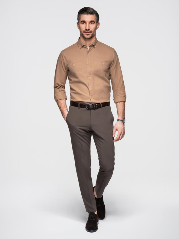 Ombre Clothing Мъжка ленена риза с класическа яка и джобове REGULAR FIT - светло кафяво