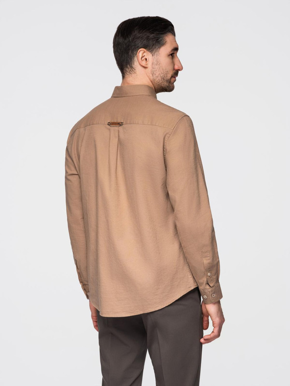 Ombre Clothing Мъжка ленена риза с класическа яка и джобове REGULAR FIT - светло кафяво