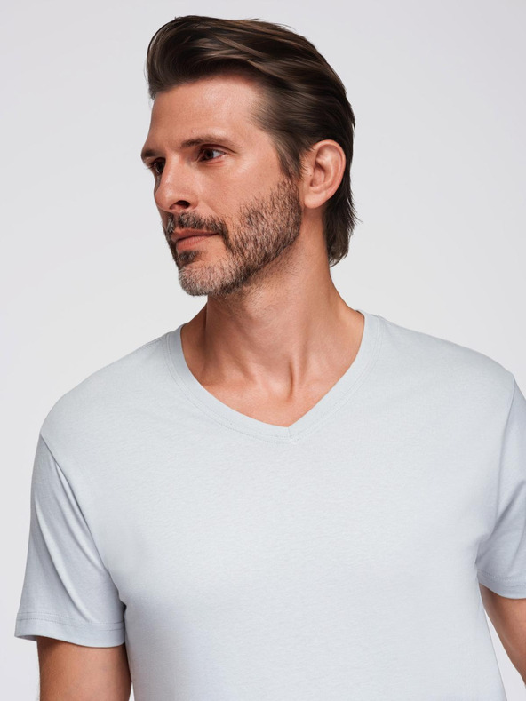 Ombre Clothing Мъжка класическа памучна тениска BASIC с деколте - светлосива