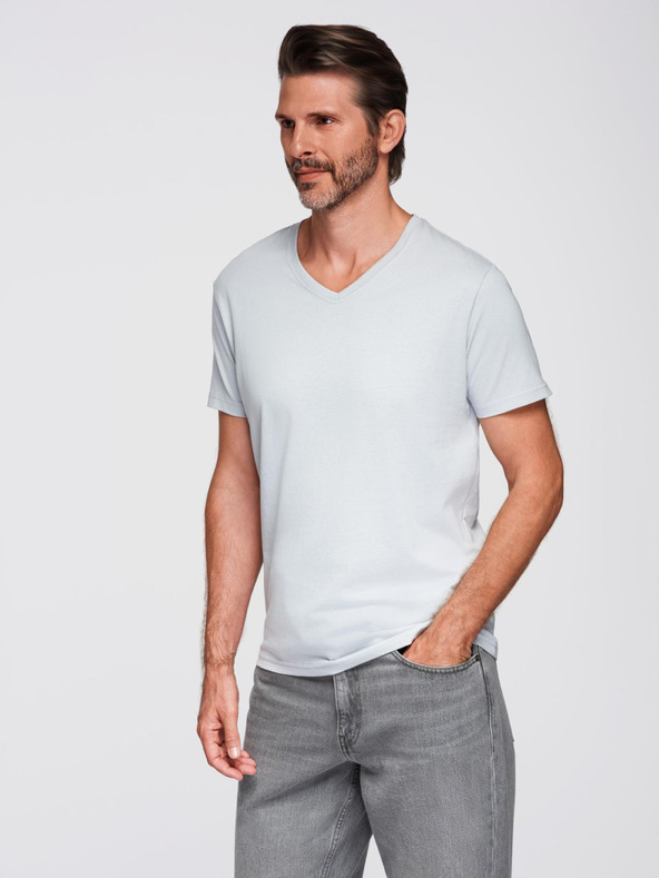 Ombre Clothing Мъжка класическа памучна тениска BASIC с деколте - светлосива