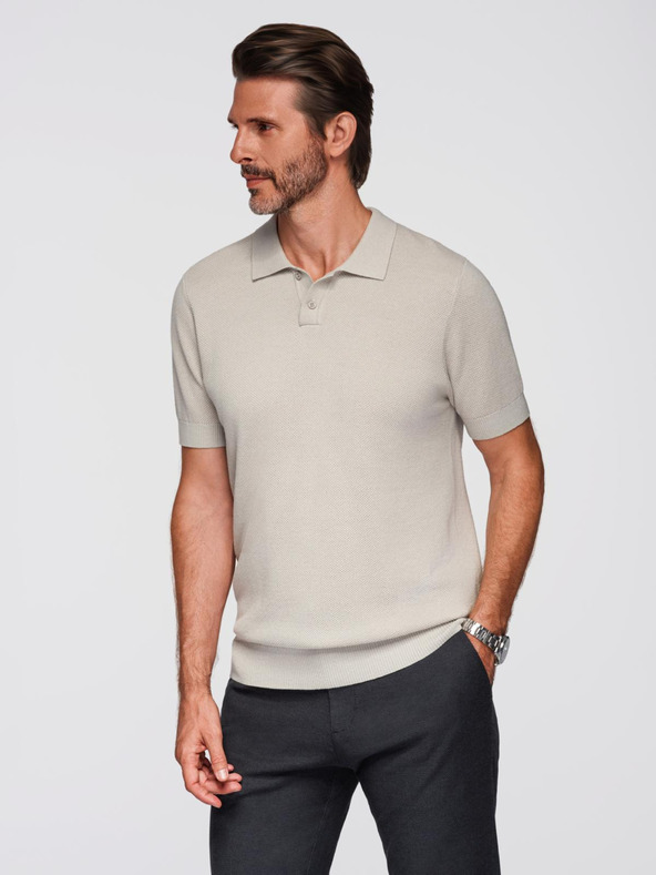 Ombre Clothing Мъжка памучна поло риза от структуриран трикотаж - бежова