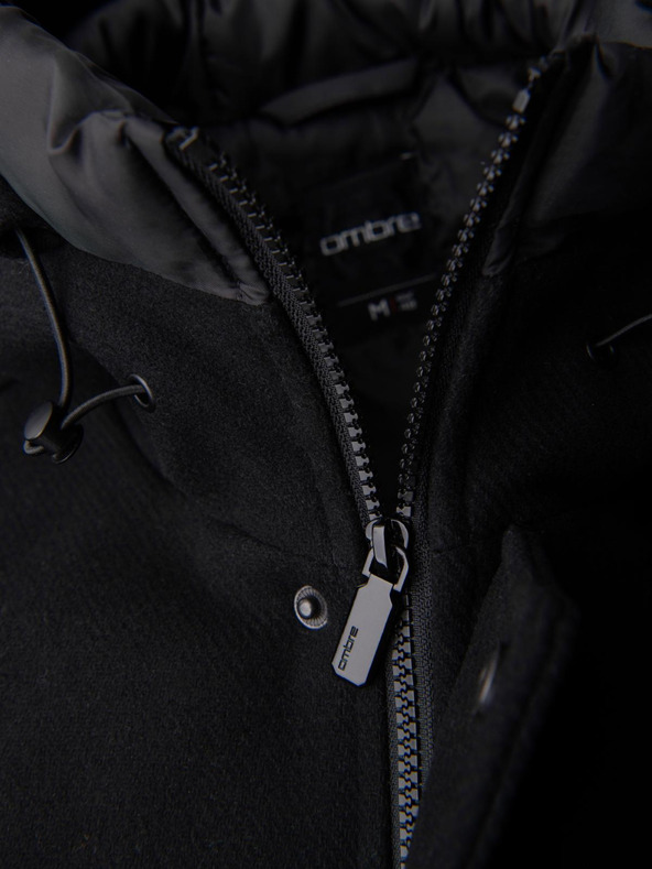 Ombre Clothing Мъжко вълнено палто парка с качулка - черно V1 OM-COWC-0132 Ombre Clothing