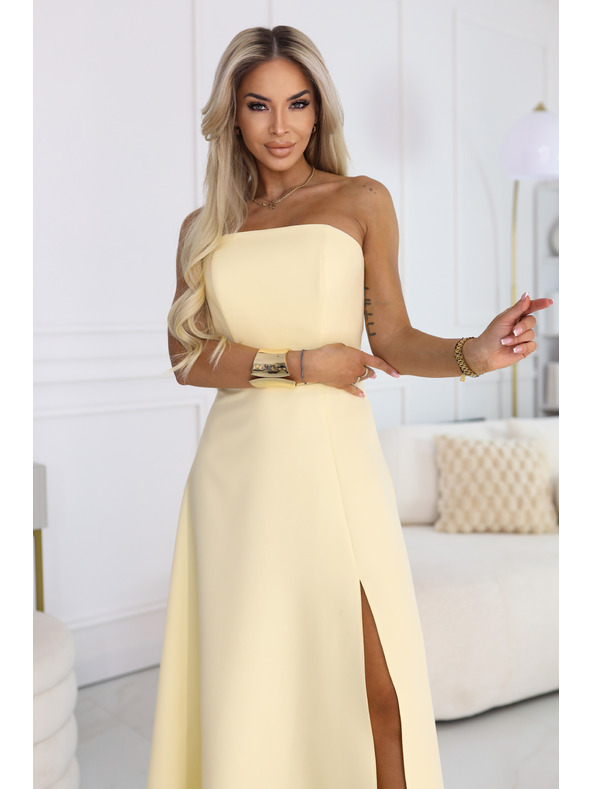 numoco ELARA Корсетна макси рокля с цепка и връзки на гърба - масленожълта