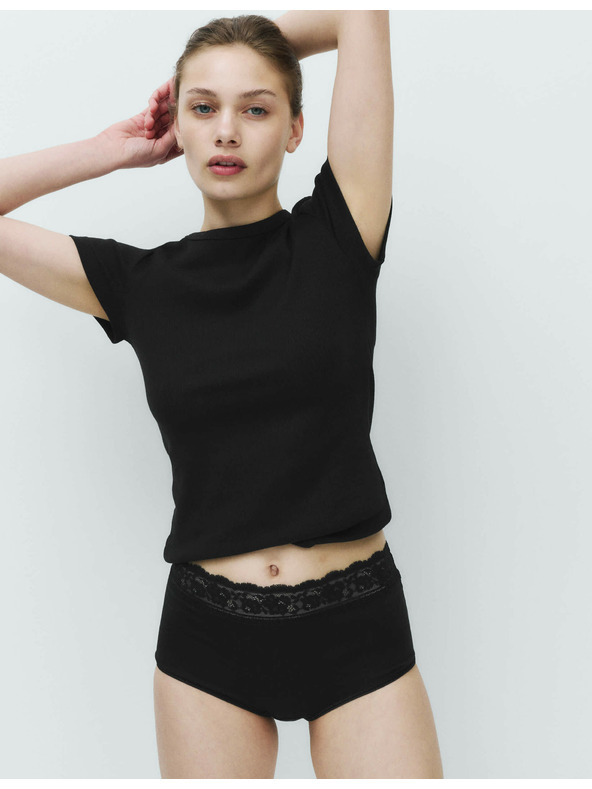 Marks & Spencer Дантелени миди бикини от памук и ликра, 5 опаковки Marks & Spencer черно