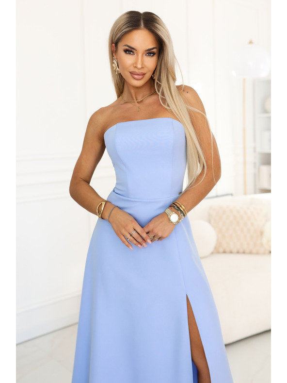 numoco ELARA Корсетни макси рокля с разрез и завързване на гърба - светло синя