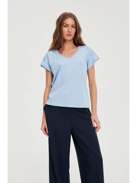 Moodo Блузка с дантела на ръкавите светло синя Moodo