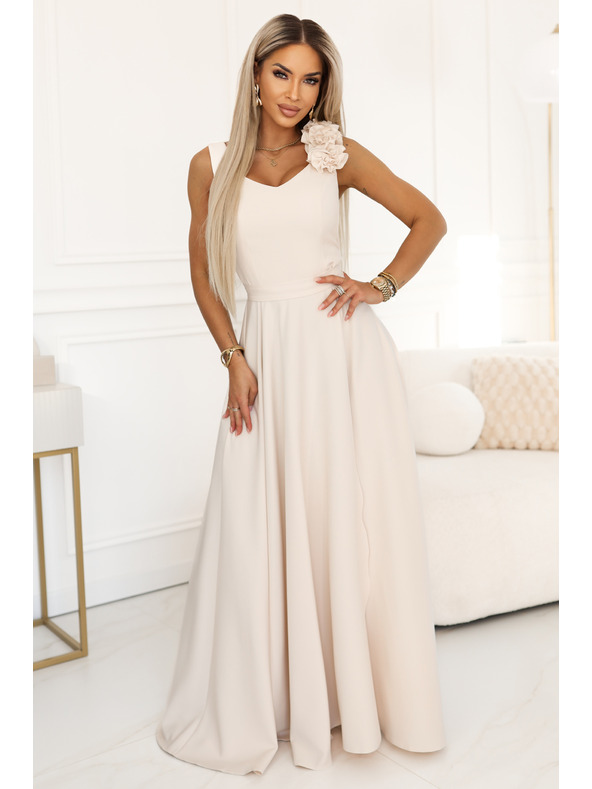 numoco Елегантни вечерни макси рокли с цепка и рози - бежови