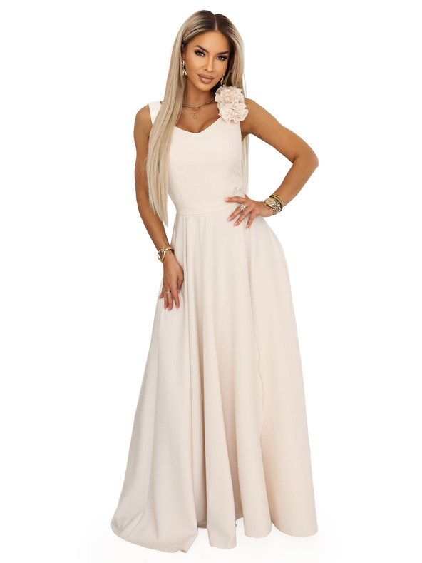 numoco Елегантни вечерни макси рокли с цепка и рози - бежови