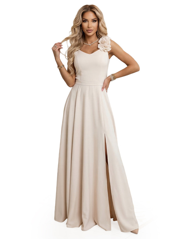 numoco Елегантни вечерни макси рокли с цепка и рози - бежови