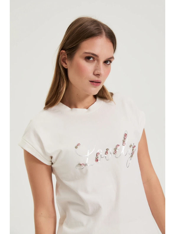 Moodo Тениска с принт и мъниста бяла Moodo