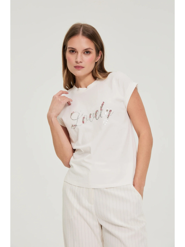 Moodo Тениска с принт и мъниста бяла Moodo