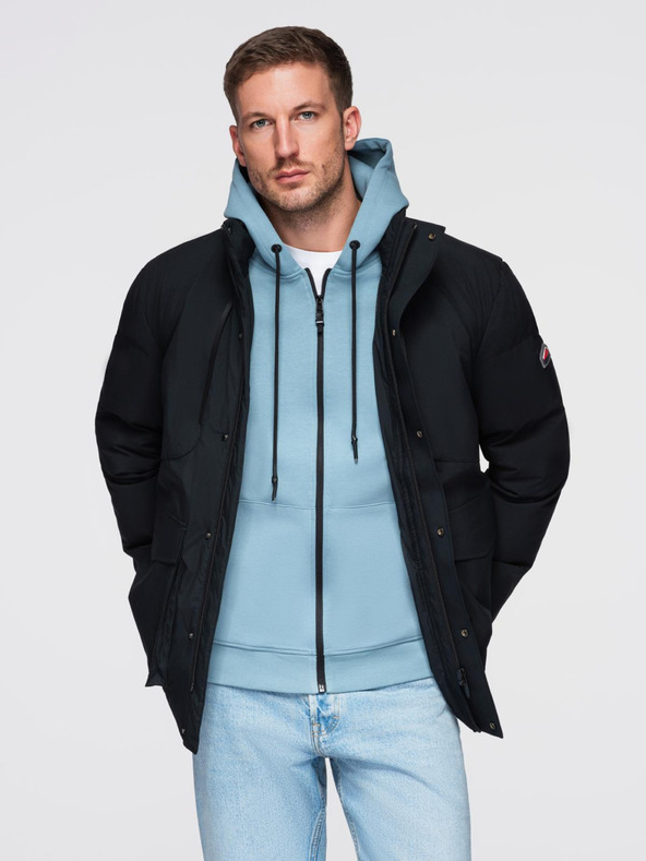 Ombre Clothing Мъжко зимно яке със сваляща се качулка от водоустойчива тъкан - черно V3 OM-JAHP-0306 Ombre Clothing