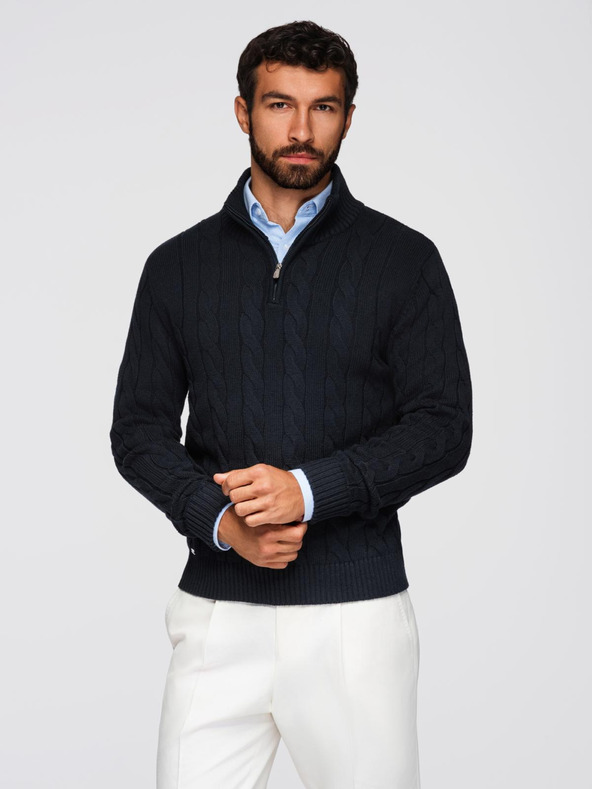 Ombre Clothing Мъжки карирана плетена пуловер с цип - черен V2 OM-SWZS-0138 Ombre Clothing