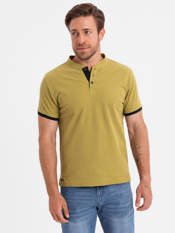 Ombre Clothing Мъжка ежедневна тениска с хенли деколте и контрастен кант - оливен цвят V11 OM-TSCT-0156 Ombre Clothing
