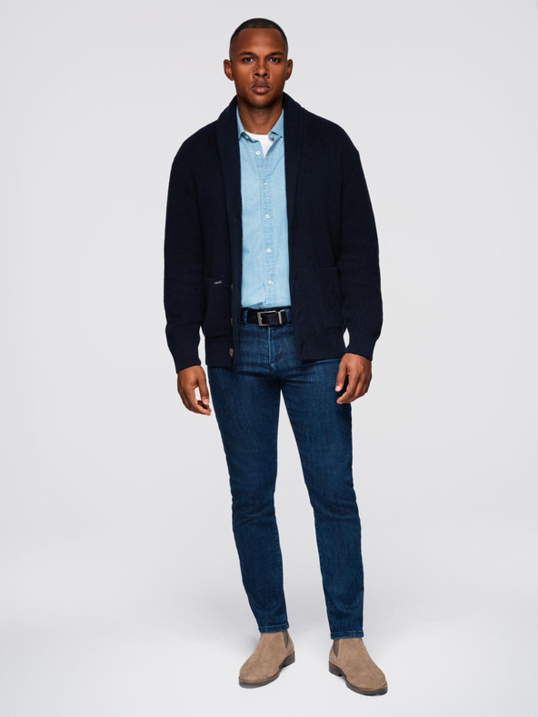 Ombre Clothing Мъжки памучен пуловер със шалов ажур - тъмносин V1 OM-SWCD-0153 Ombre Clothing