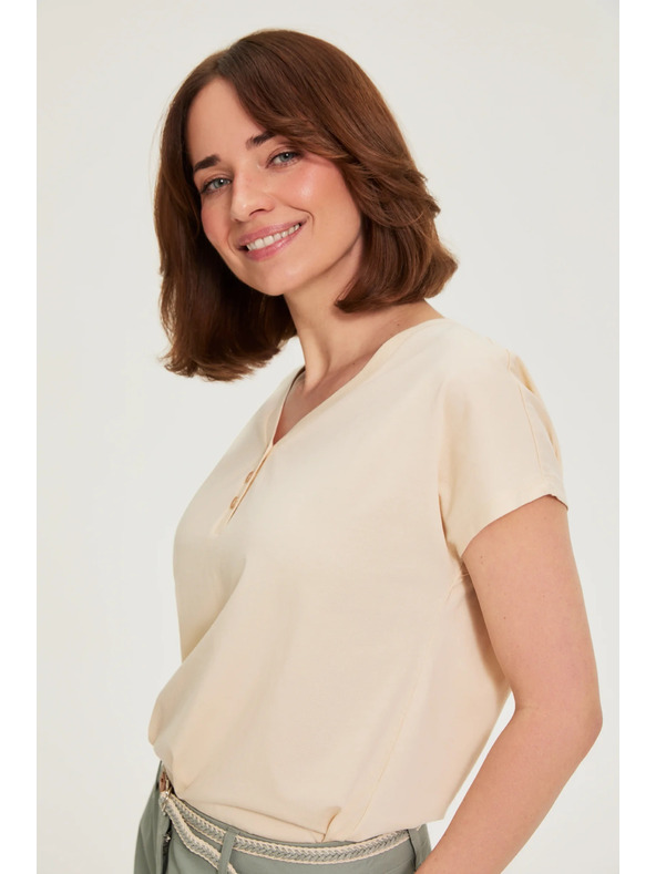Moodo Памучна блуза с V-образно деколте в бежово Moodo