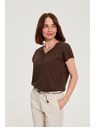 Moodo Памучна тениска с V деколте кафява Moodo