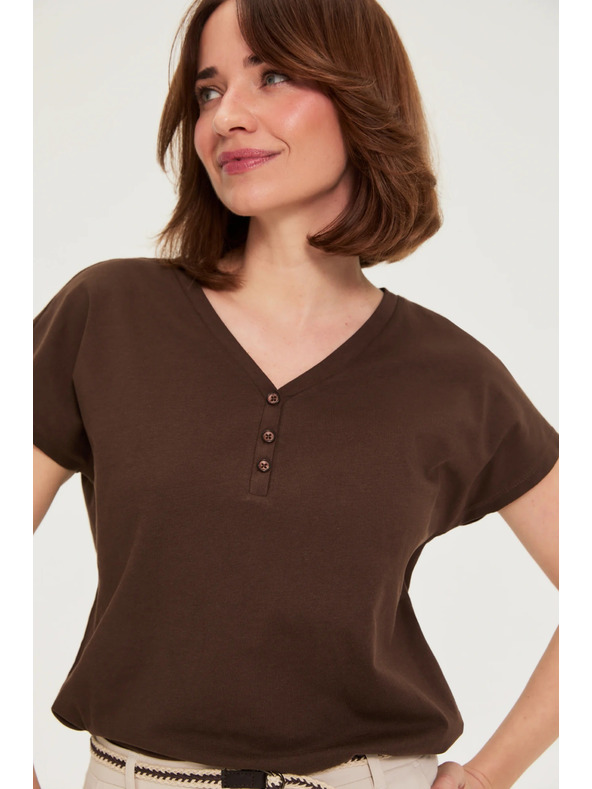 Moodo Памучна тениска с V деколте кафява Moodo