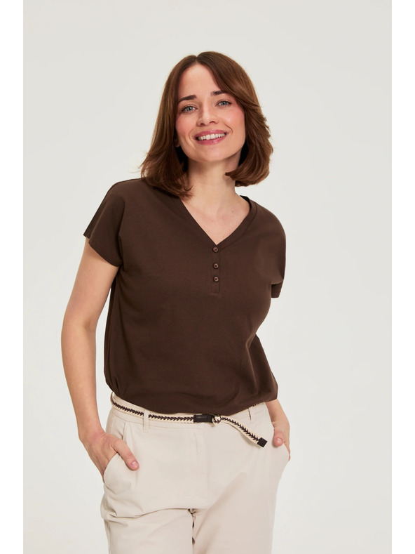 Moodo Памучна тениска с V деколте кафява Moodo