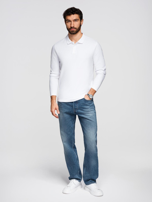 Ombre Clothing Мъжка тениска BASIC с дълъг ръкав и polo яка - бяла V1 OM-POBL-0162 Ombre Clothing