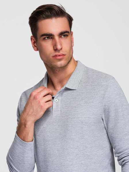 Ombre Clothing Мъжка тениска с дълъг ръкав и polo яка BASIC - сив меланж V4 OM-POBL-0162 Ombre Clothing