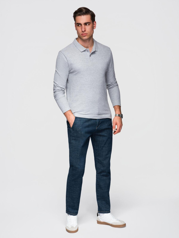 Ombre Clothing Мъжка тениска с дълъг ръкав и polo яка BASIC - сив меланж V4 OM-POBL-0162 Ombre Clothing